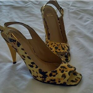 Stuart Weitzman Leopard Print Peep Toe Sling Back Heels